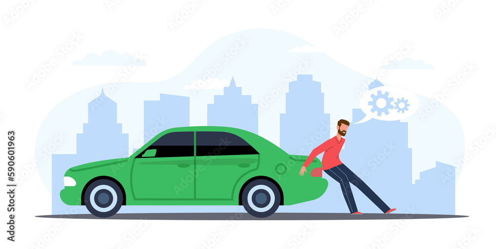 Man is pushing broken car down city road. Vehicle on roadside push to service repairing. Accident with transport, damaged automobile cartoon flat illustration. png prevent breakdowns concept