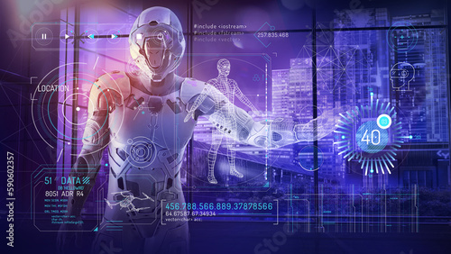Drones and virtual reality infographic on sci-fi background.
