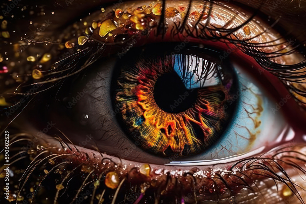 Saturated colors and abstract design of rainbow splash makeup on female eye. Dramatic close-up portrait of beauty model. Perfect for fashion and cosmetic photography. AI Generative.