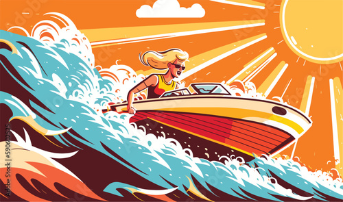 Woman enjoying a light summer day out on a speedboat. Flat vector summer watersport illustration concept. Gadget-free vacation. Generative AI