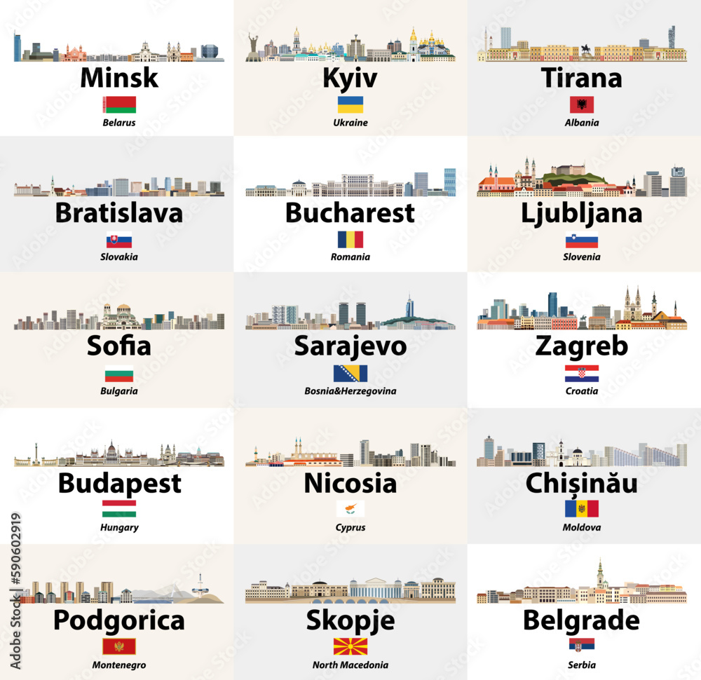 Fototapeta premium Eastern and Southern Europe cities skylines illustrations with countries flags vector set