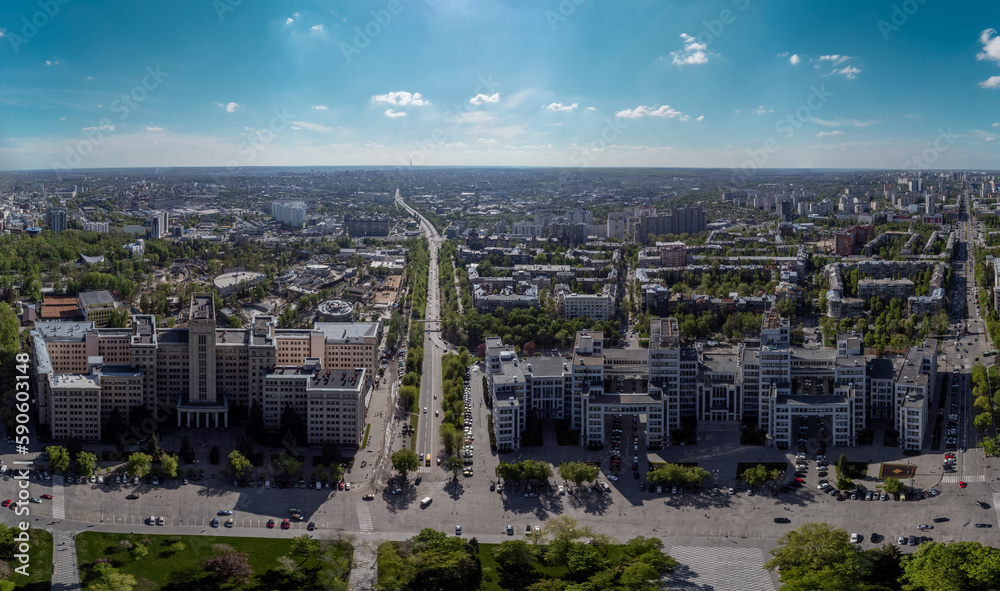 Aerial panorama view on Derzhprom and main Karazin National University buildings in spring. Kharkiv, Ukraine