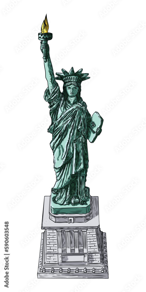 Obraz premium Statue of liberty in hand drawing style, line hatching stroke, color. Hand drawn sketch. American national symbol, New York and USA landmark. Vector.