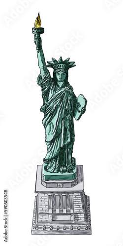 Statue of liberty in hand drawing style, line hatching stroke, color. Hand drawn sketch. American national symbol, New York and USA landmark. Vector.