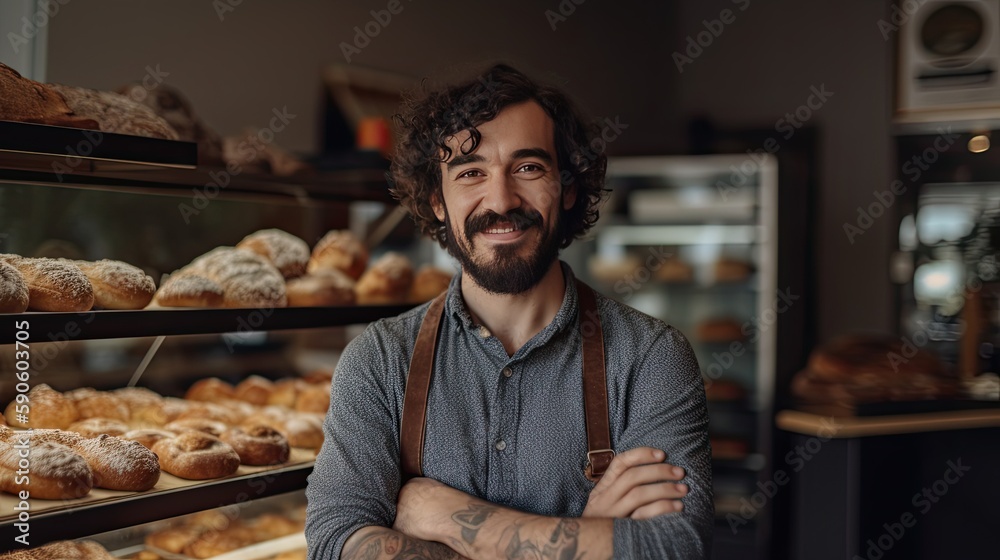 Male bakery owner exuding pride and confidence in a candid shot with his delicious baked goods, showcasing his entrepreneurship in the local community. Generative AI Male bakery owner exuding pride and confidence in a candid shot with his delicious baked goods, showcasing his entrepreneurship in the local community. Generative AI
