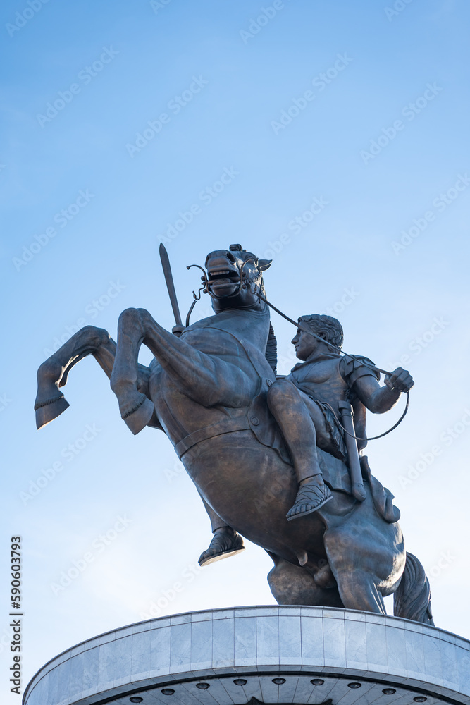 Alexander the Great statue in Skopje, North Macedonia. Landmark of Skopje center, Macedonia