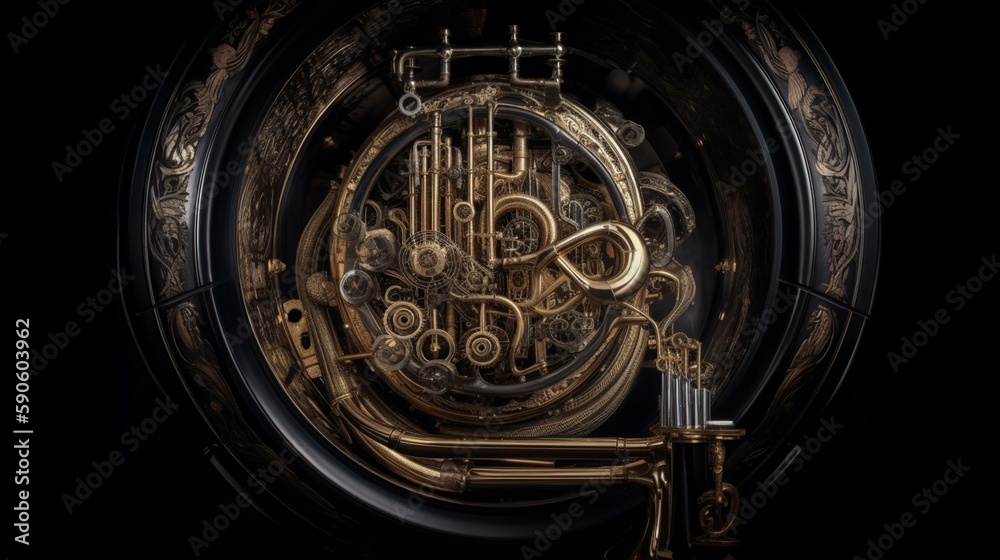 Fototapeta premium A bold, black sousaphone with intricate valves and a towering presence. Generative AI