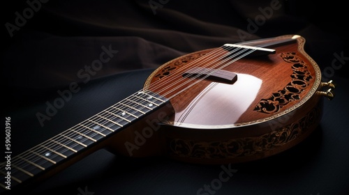 A beautiful, handcrafted mandolin, with a carved wooden body and delicate strings. Generative AI