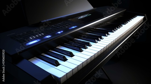 A sleek  modern digital piano with a touch screen display and glowing lights. Generative AI