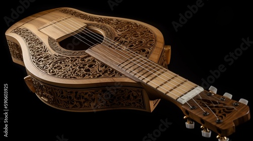 A majestic, towering harp guitar with intricate carvings and shimmering strings. Generative AI