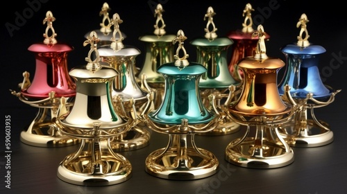 A charming set of handbells, with bright, metallic tones and elegant stands. Generative AI