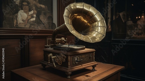 A vintage gramophone with a brass horn and intricate details. Generative AI