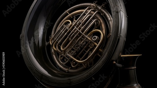 A bold, black sousaphone with intricate valves and a towering presence. Generative AI