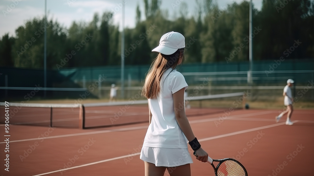A girl in a cap plays tennis close-up rear view. AI generated