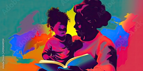 colorful illustration of a parent and child reading a book