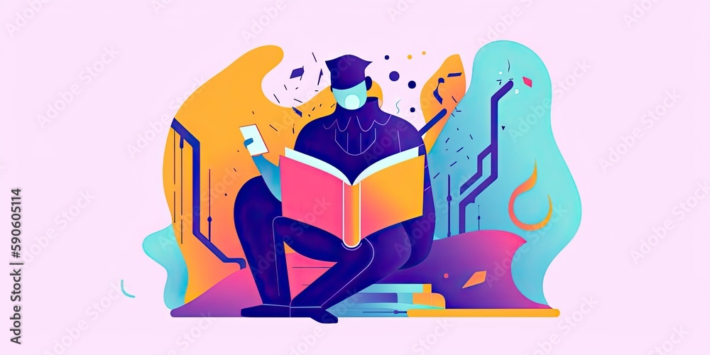 colorful illustration of a man reading a book