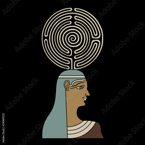 Portrait in profile of antique woman holding a round spiral maze or labyrinth symbol on her head. Ancient Egyptian goddess. Ariadne. Creative concept. On black background.