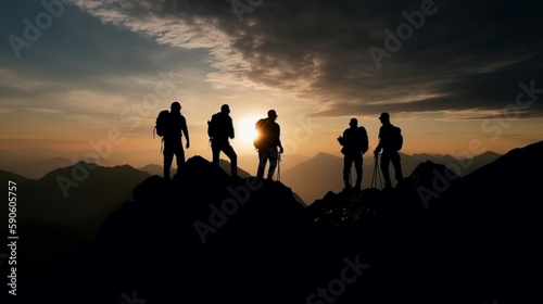 Group of people silhouette on peak mountain climbing helping team work , travel trekking success business concept