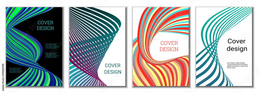 A set of 4 abstract covers. Wavy parallel gradient lines, ribbons evolve. Cover design, background. Trendy banner, poster. A set of 4 abstract covers. Wavy parallel gradient lines, ribbons evolve. Cover design, background. Trendy banner, poster.