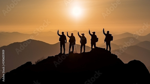 Group of people silhouette on peak mountain climbing helping team work , travel trekking success business concept Generative AI