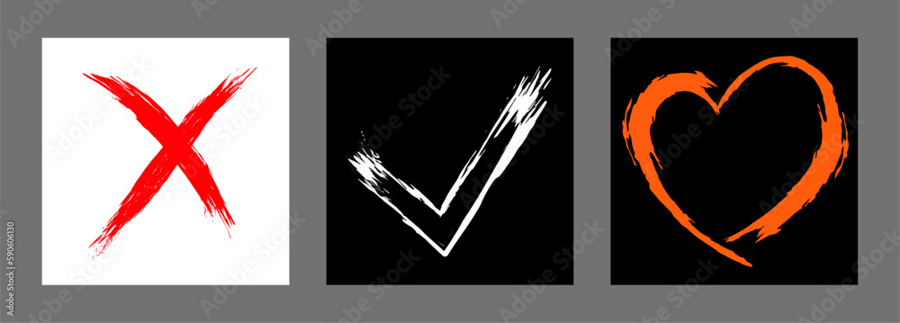 The cross, heart and OK symbol are hand-drawn with a brush. Prohibition, denial, error. Love. Approval, consent. Vector, set of 3 characters The cross, heart and OK symbol are hand-drawn with a brush. Prohibition, denial, error. Love. Approval, consent. Vector, set of 3 characters