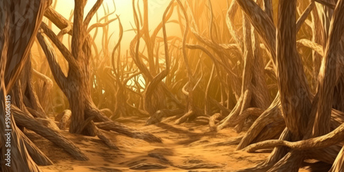 trees intertwined, magical sun light forest generative ai photo