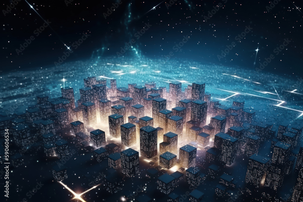 digital network landscape in a illuminated night city, future world generative ai