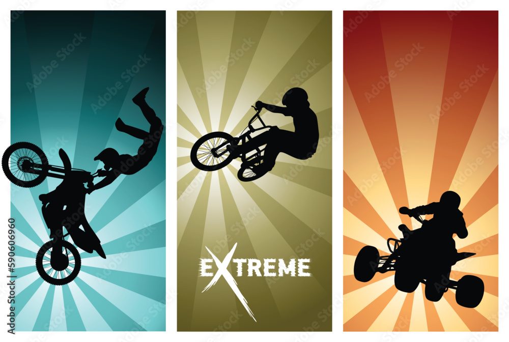 Obraz premium Extreme Sport Ride Silhouettes - Motocross, BMX bike, Quad Vector Illustration
