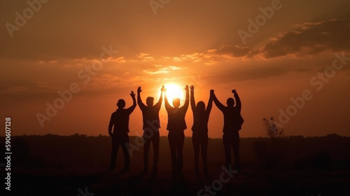 Silhouette of group happy business team making high hands over head in beautiful sunset sky evening time for business success and teamwork concept in company Generative AI
