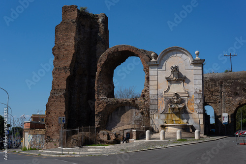 Arch of Sisto V in the Felice aqueduct with the Fountain of Clement XII at Quadraro, Mandrione, Rome  Italy