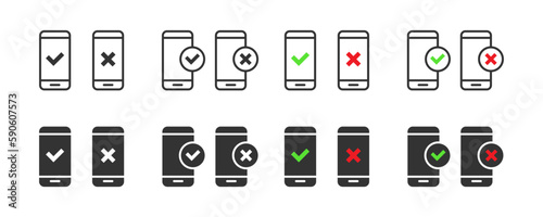 Smartphone icon set with check mark and cross symbols. Vector illustration.