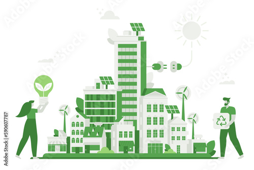 Vector illustration Green energy for homes of eco friendly city. Cartoon minimal geometric cityscape with solar panels and windmill, skyscrapers and park, people connect light bulb to electric system