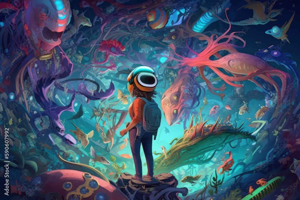 girl examines underwater fantasy vr world amazing cartoon world abstract background generative ai girl examines underwater fantasy vr world amazing cartoon world abstract background generative ai