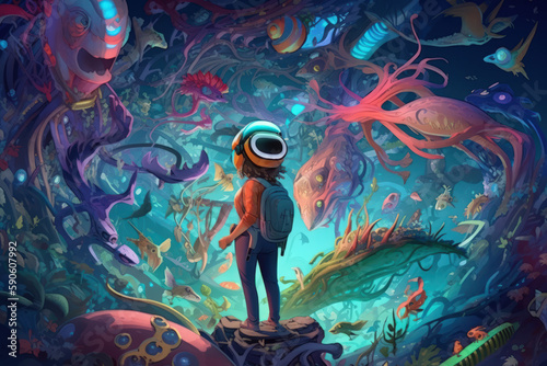 girl examines underwater fantasy vr world amazing cartoon world abstract background generative ai