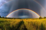 Double Rainbow Appearing In Rural Or Natural Setting, With The Colors Of Each Band Standing Out Against The Blue Sky And Green Landscape. Generative AI