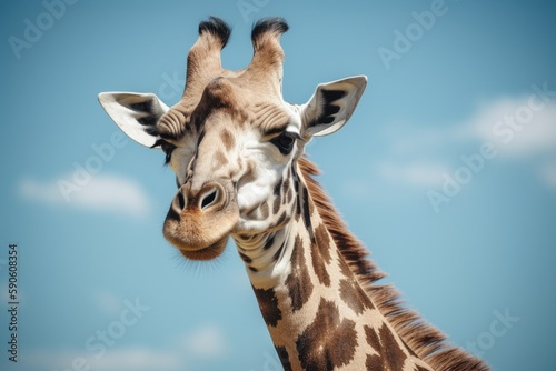 Giraffe Laying Down Against Sky Blue Background. Generative AI © Anastasiia