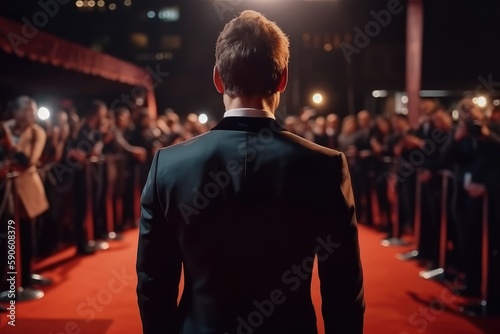 Handsome Man In Suit Stands Backwards On The Red Carpet In Front Of The Paparazzi. Generative AI