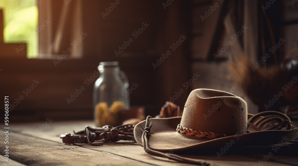 Western style still life with cowboy hat. Rustic indoor interior ...