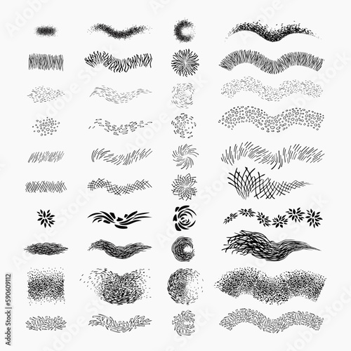 Brush Set for Texturing and Shadow. Artistic hand drawn ink templates for different brushes.  Isolated vector illustration