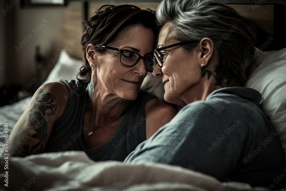 A couple of midle age gay women cuddling in bed. Generative Ai A couple of midle age gay women cuddling in bed. Generative Ai