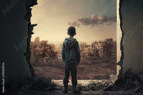 Back view of child looking at the wreckage of a war-torn city