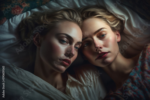 View from above of two young women lying in bed. Generative Ai