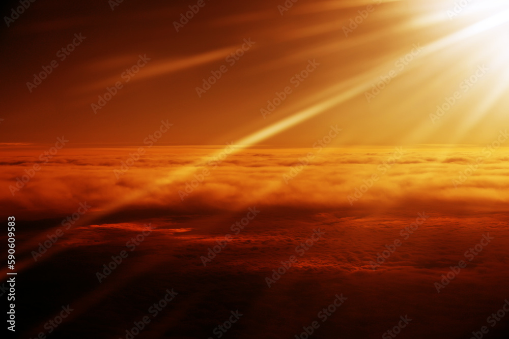 Heaven with sun light rays or beams bursting from clouds in blue sky. Spiritual religious background. Realistic tranquil cloudscape view, beautiful sky paradise backdrop	