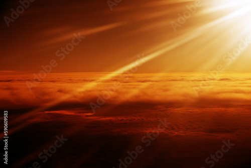 Heaven with sun light rays or beams bursting from clouds in blue sky. Spiritual religious background. Realistic tranquil cloudscape view, beautiful sky paradise backdrop 