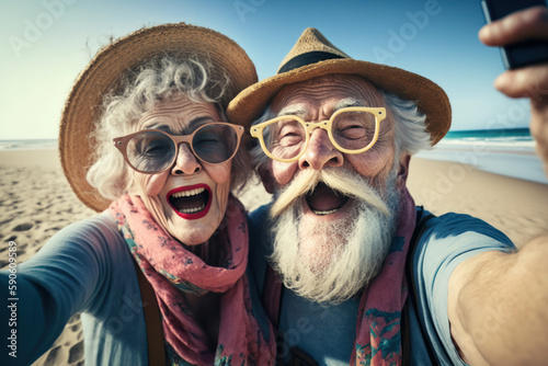 Smiling elderly couple taking a selfie on the beach. Generative Ai