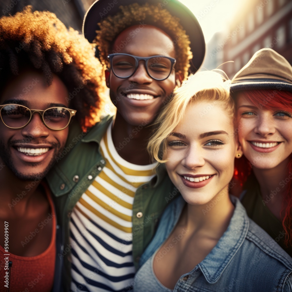 Fashion portrait of a group of young and styling multiracial friends. Generative Ai