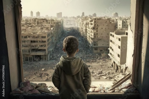 Back view of child looking at ruins of destroyed buildings in war zone