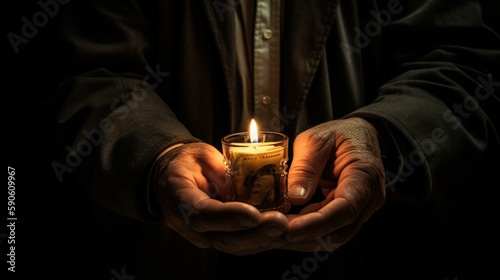 man hand holding candle Generative AI
