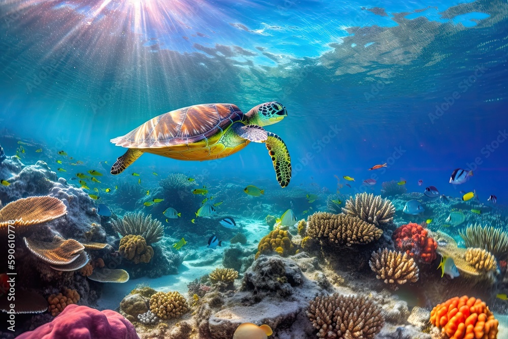 underwater scene with colorful coral reefs teeming with exotic fish, a sea turtle gliding gracefully through the crystal-clear waters, and rays of sunlight piercing through the surface - Generative AI - obrazy, fototapety, plakaty 