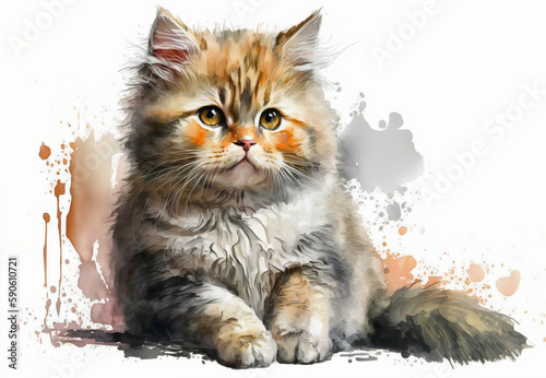 A watercolor painting of a cat. Portrait of a cat, design for booklet, cover, cat print. Generative AI © Agnes